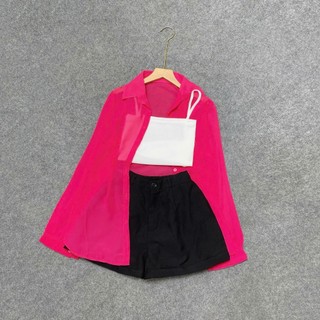 Set đồ nữ big size 3 món gồm áo sơ mi voan lụa cát dài tay kết hợp áo 2 dây croptop và quần đùi basic dễ mặc-SET967