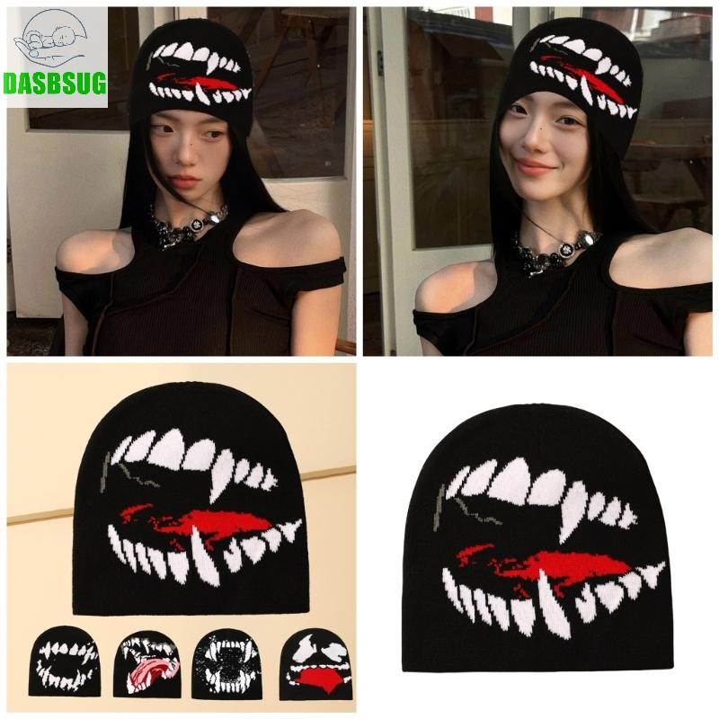 Dasbsug Mũ đầu lâu thời trang Mũ dệt kim mát mẻ Mũ họa tiết khuôn mặt Punk Mũ Hiphop