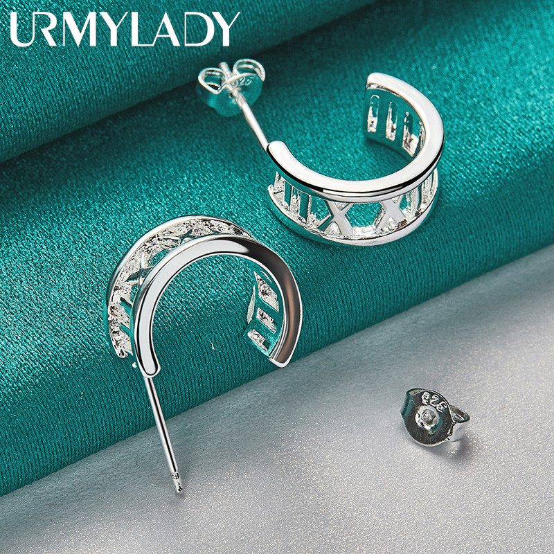 URMYLADY Bạc 925 Hình Bán Nguyệt La Mã Số Bông Tai Dành Cho Nữ Thời Trang Charm Stud Trang Sức