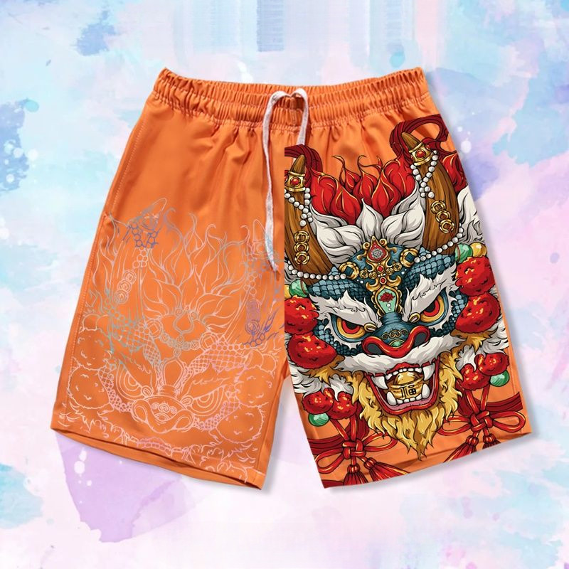 Quần short retro rộng rãi phong cách Trung Quốc, quần bãi biển Hawaii unisex thời thượng