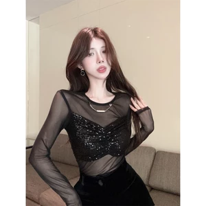 Áo sơ mi nữ thêu lưới xuyên thấu mùa xuân mùa hè thuần khiết khao khát rỗng Hot Girl lấp lánh Top Quần áo nữ hàng đầu