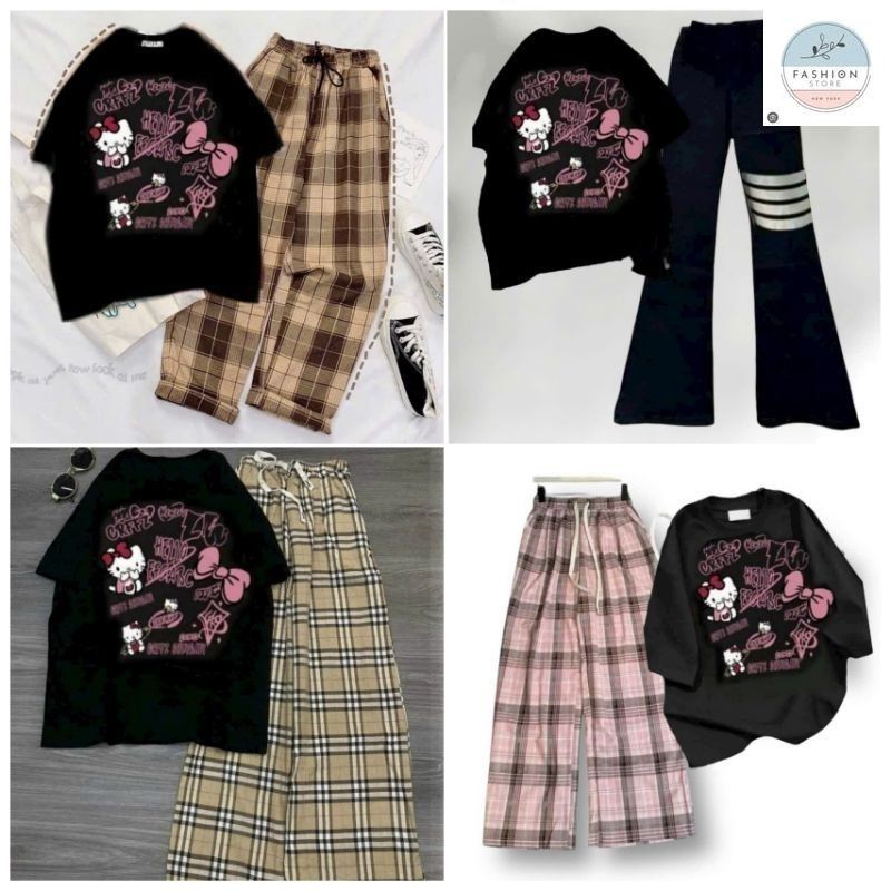 Tổng Hợp Các Sét Quần Ống Rộng + Mix Áo Phông Hình Mèo HÊ LÔ KÍT TI form rộng - Hình Mèo Màu ĐEN-Quần áo 94