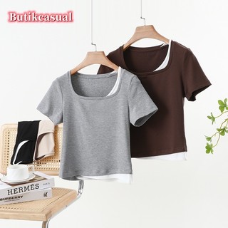 Nữ Ren Áo Thun Nữ Tay Ngắn Trơn 2025 Mùa Hè cotton Thời Trang Giả Hai Áo Sơ Mi Mỏng Áo Thường Ngày