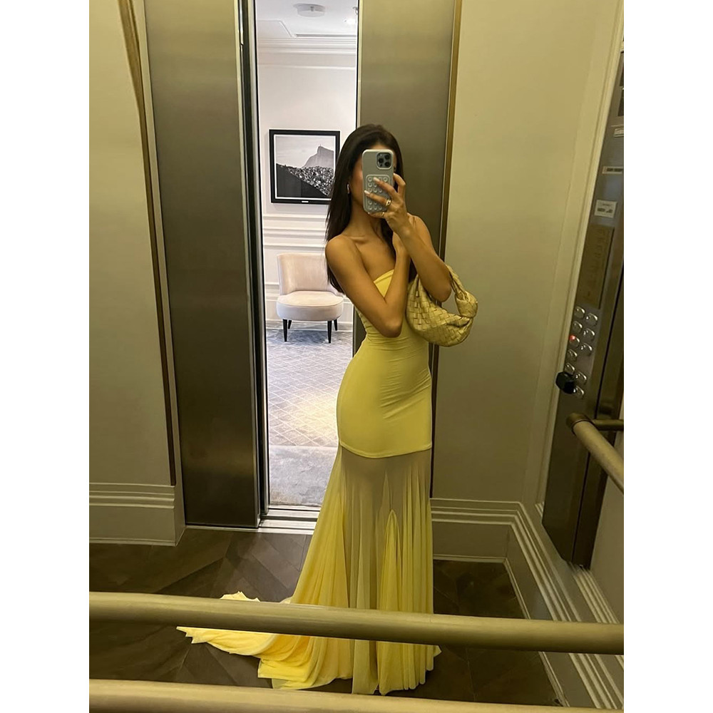 Klalien Chắp Vá Nhìn Xuyên Qua Đầm Nữ Thanh Lịch Chắc Chắn Xếp Ly Không Tay Lưng Ôm Dự Tiệc Vestidos
