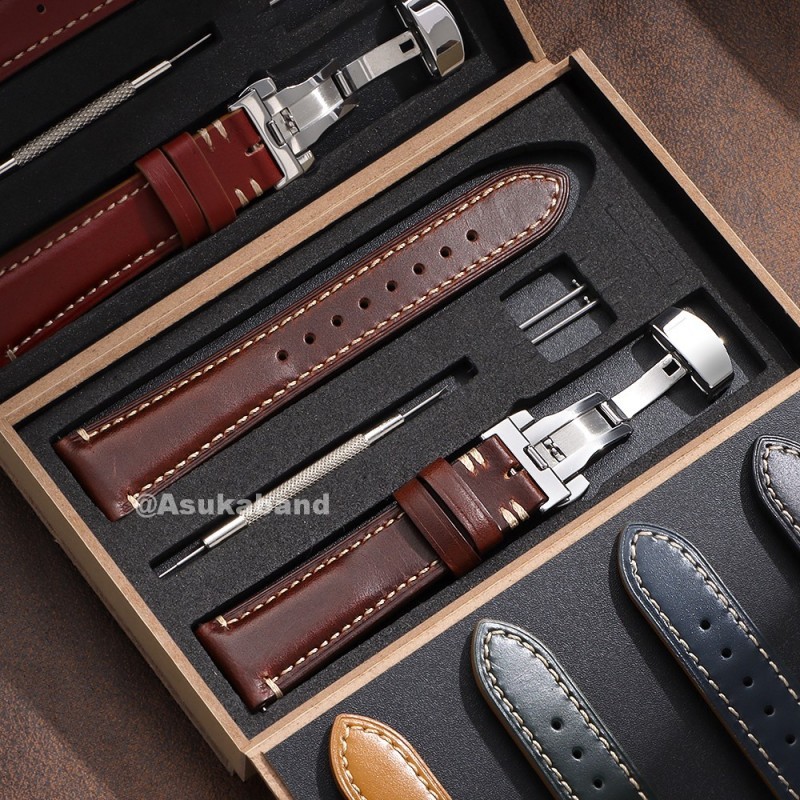 Dây đeo đồng hồ da thật cao cấp 20mm 22mm 24mm Sáng bóng chống nước cổ điển Dây đeo cổ tay bằng da Dây đeo cổ tay bướm Dây đeo đồng hồ Vòng đeo tay thay thế cho nam nữ Hộp quà tặng