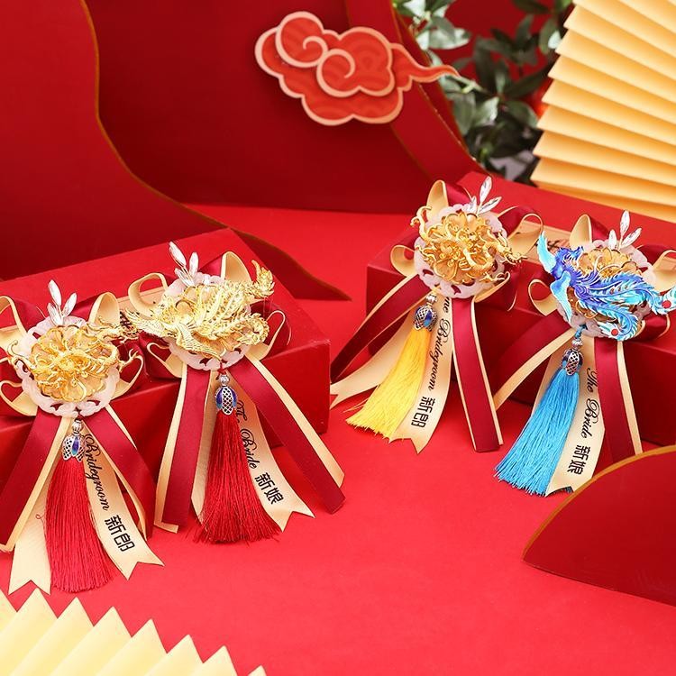 Boutonniere cô dâu và chú rể cao cấp phong cách Trung Quốc, bộ trâm cài đầy đủ cho cha mẹ, phù rể rồng và phượng, trâm cài cưới IBKZ
