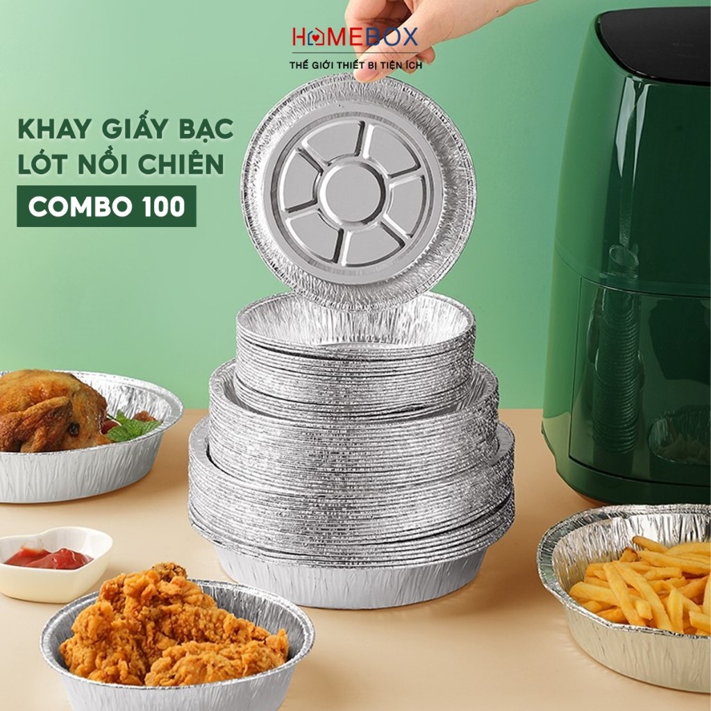 COMBO 100 Khay Giấy Bạc Lót Nồi Chiên Không Dầu, Khuôn Giấy Bạc Đựng Thực Phẩm Tiện Lợi Size 22cm
