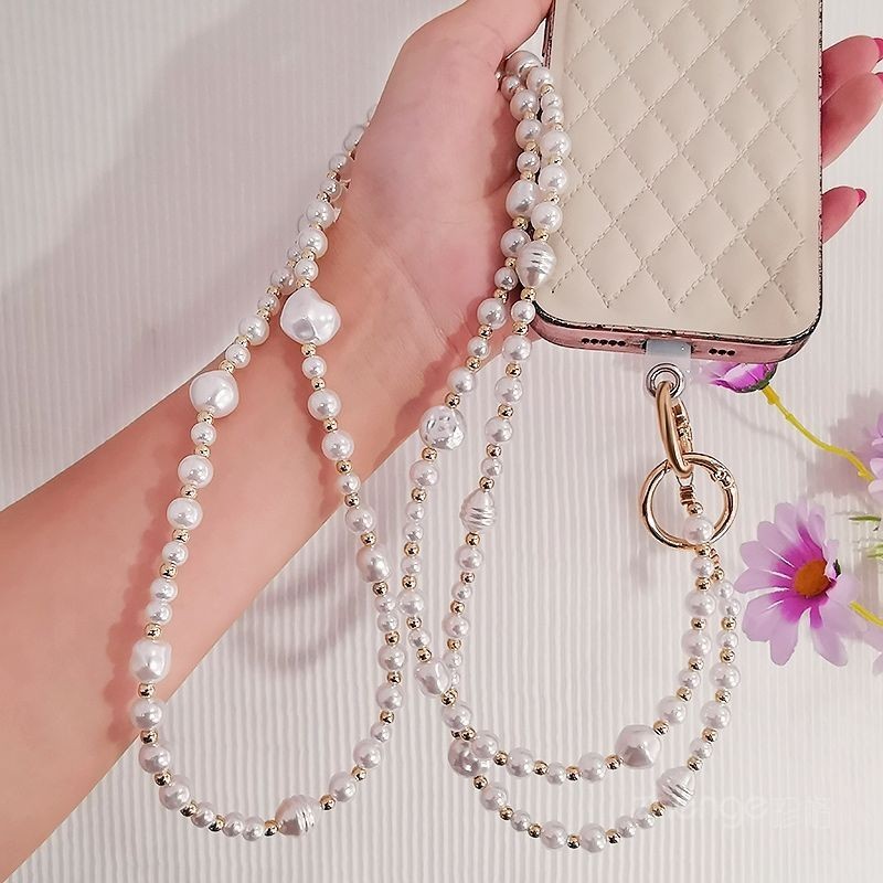Phụ kiện điện thoại di động Đeo chéo Dây chuyền ngọc trai hình đặc biệt Nữ phong cách Bắc Âu Điện thoại di động Dây buộc chống sốc Dây đeo lưng cổ treo chống mất dài @ -