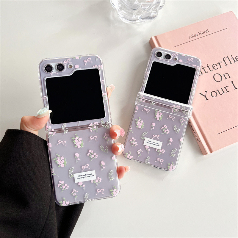 Dành Cho Samsung Galaxy Z Flip 5 Flip 4 Flip3 5G Ốp điện thoại Phong Cách Hàn Quốc Họa Tiết Hoa Dễ Thương Trong Suốt Gấp Chống Sốc Mặt Sau PC Cứng Trong Suốt