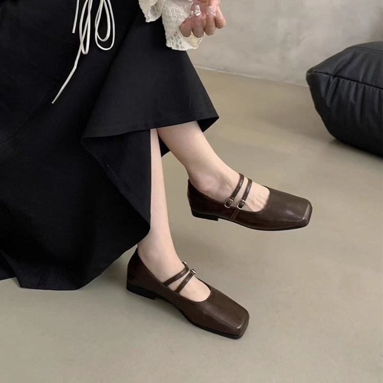 Pháp Mũi Vuông Flat Buckle Dây Đeo Thấp Gót Flat Loafers PU Cao Cấp Chống Trơn Trượt Niche Thời Trang Phù Hợp Với Váy Thanh Lịch Thấp Gót Đế Bằng Giày Nữ