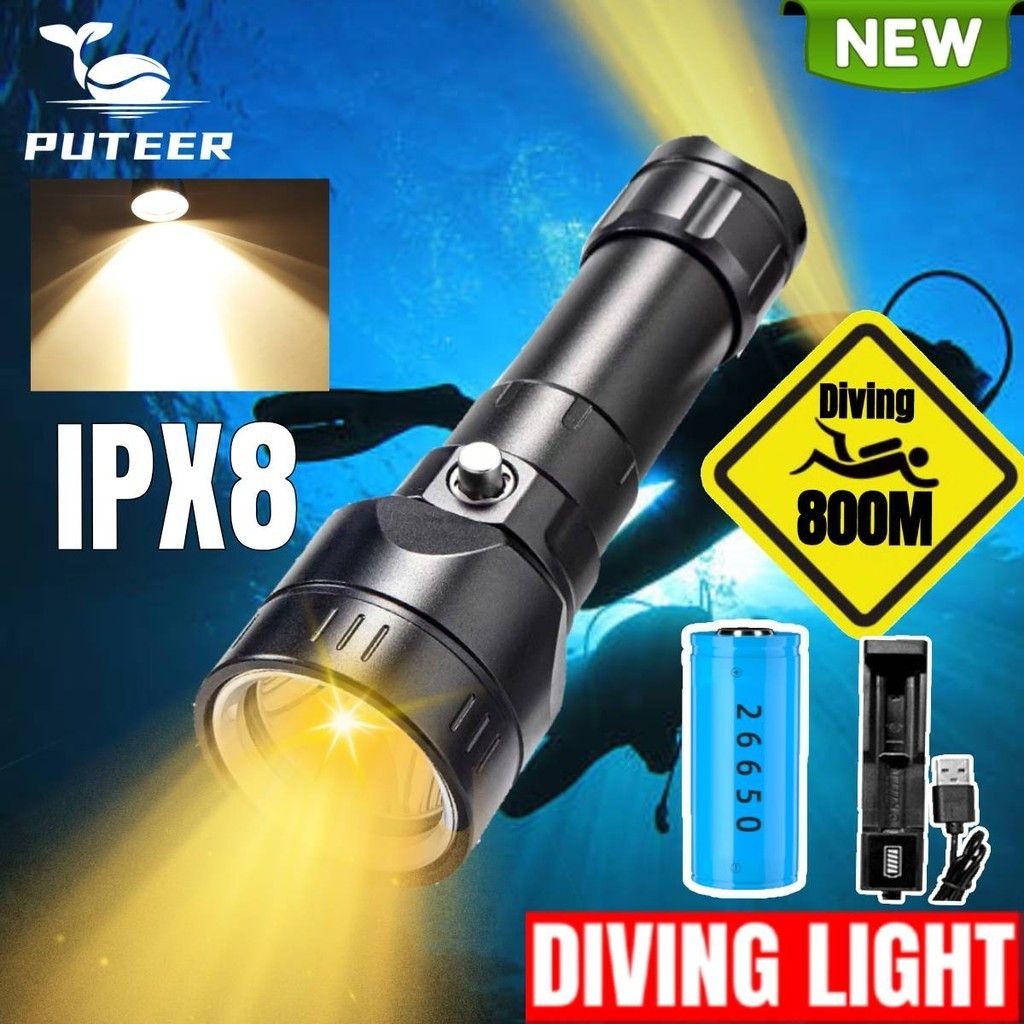 Mới Đèn Lặn Puteer Chống Thấm Nước IPX8, Ánh Sáng Vàng, Dùng Pin 26650 5000mAh