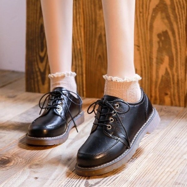 Preppy Phong Cách Retro Ren-Up Giày Da Nhỏ Xuân Thu Phong Cách Hồng Kông Phù Hợp Với Mary Jane Giày Đen Nhật Bản jk Giày Nữ