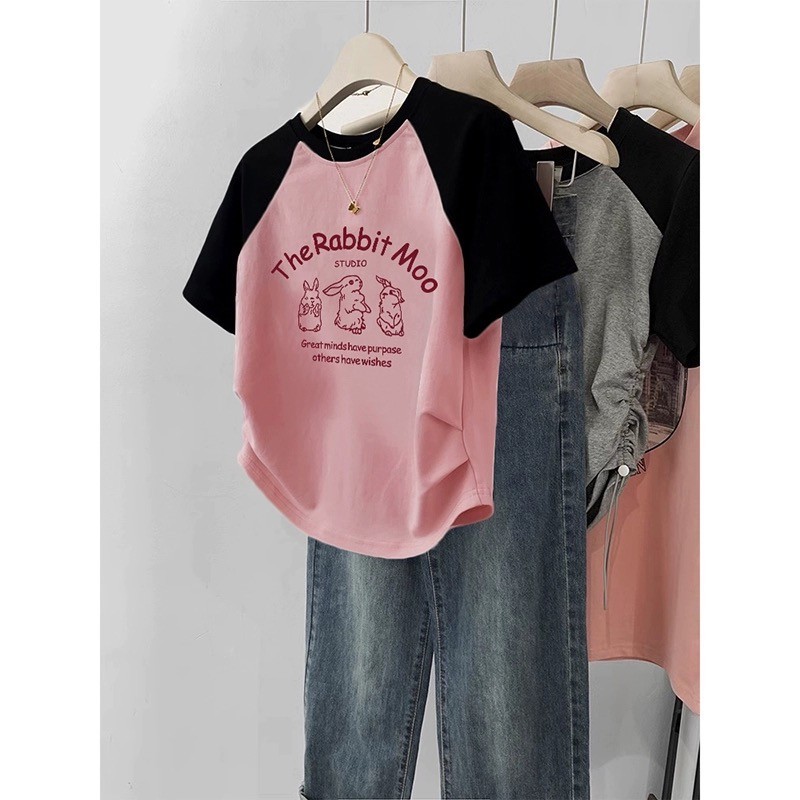 Suxi Retro In Hình Mùa Hè Mới Thường Ngày Màu Sắc Tương Phản Cổ Tròn Ngắn Tay Áo Thun Nữ Nguyên Chất Cotton Top 240529