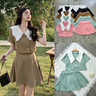 Set thiết kế dự tiệc áo tay ngắn cổ bèo gợn sóng croptop kèm chân váy ngắn xòe xếp ly chữ A xinh xắn 50-59kg SET829