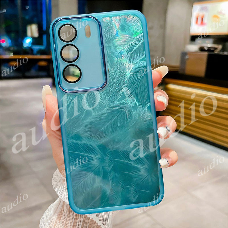 Ốp Điện Thoại Lấp Lánh Lông Vũ Laser Cho Oppo Reno 12 Pro 12Pro 12F 5G 4G Với Phim Bảo Vệ Ống Kính Máy Ảnh Trong Suốt Lông Vũ Vỏ Điện Thoại Cho Oppo Reno12 Pro 5G Ốp Lưng