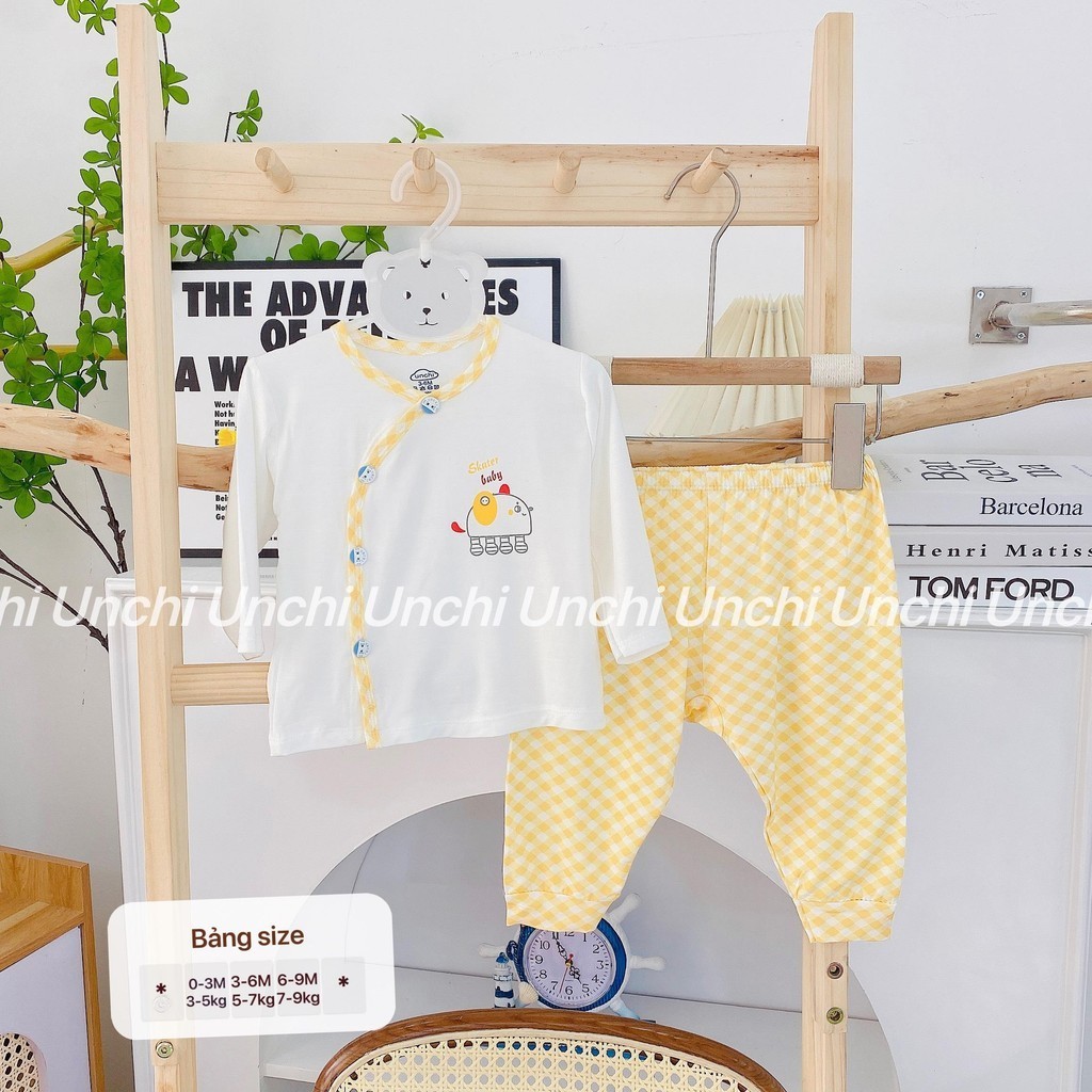 [UNCHI] Bộ dài sơ sinh pettit thiết kế viền chéo kẻ phối quần đáp đũng cho bé từ 4 tới 10kg nhiều màu lựa chọn - HD24