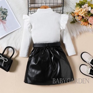 Baga-1-6yeaf kids Girl Trang phục 2 món / Áo dài tay xù xì * / Váy xếp li bằng da / Bộ quần áo dễ thương mùa thu cho bé