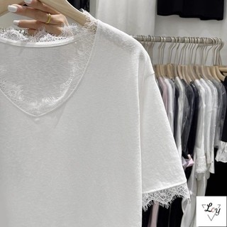 Áo thun tay ngắn cỡ lớn dành cho nữ, phong cách Hàn, dáng rộng 75kg Áo cổ chữ V bằng cotton nguyên chất có thiết kế viền ren rỗng, tôn dáng và đa năng dành cho phụ nữ ngoại cỡ