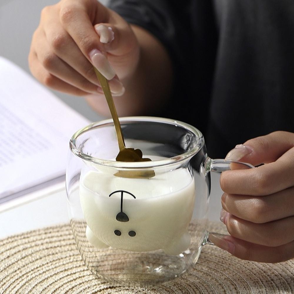 Cốc cà phê thủy tinh UMISTY, Cốc nước hình gấu hoạt hình 250ml, Tường đôi dễ thương trong suốt có tay cầm Cốc ăn sáng Văn phòng tại nhà