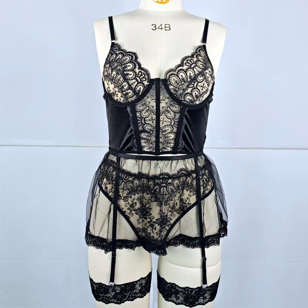 Châu Âu Mỹ Mới Phong Cách Nhẹ Ren Đen Phối Cảnh Khâu Garter Thắt Lưng Xương Cá Xuyên Biên Giới Gợi Cảm Bộ Bốn Mảnh