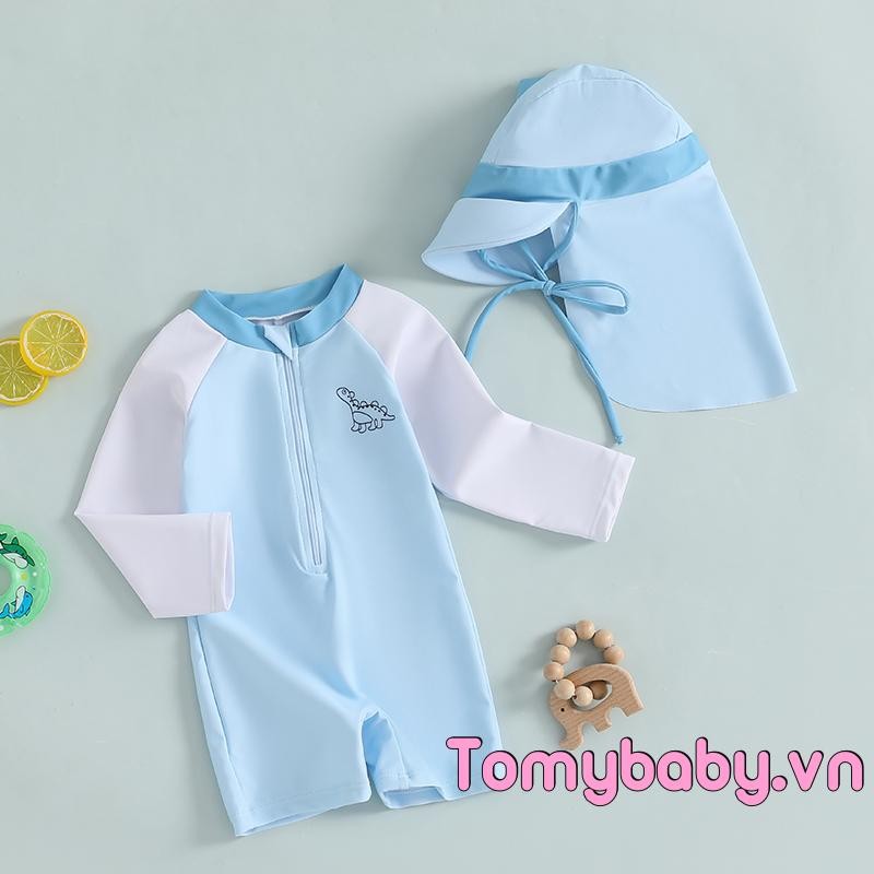 Bé Trai Rash Guard Đồ Bơi Màu Sắc Tương Phản Khủng Long In Hình Dài Tay Mock Cổ Zip Bộ Đồ Tắm + Mũ