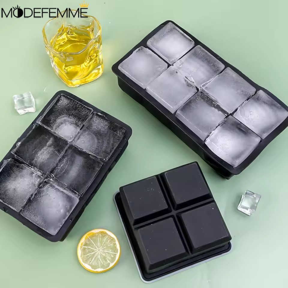 Hộp khuôn khay đá lớn 4 / 6 / 8 - Khuôn khay vuông bằng silicon - Mẫu máy làm đá viên tự làm Bar Pub Wine Ice Blocks - Khuôn làm đá lưới vuông - Phụ kiện quầy Bar nhà bếp