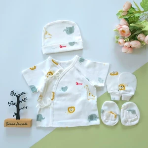 Set áo sơ sinh 4 món ngắn tay mùa hè chất thun cotton cho bé 3-6kg