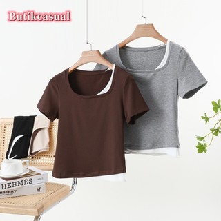 Nữ Ren Áo Thun Nữ Tay Ngắn Trơn 2025 Mùa Hè cotton Thời Trang Giả Hai Áo Sơ Mi Mỏng Áo Thường Ngày