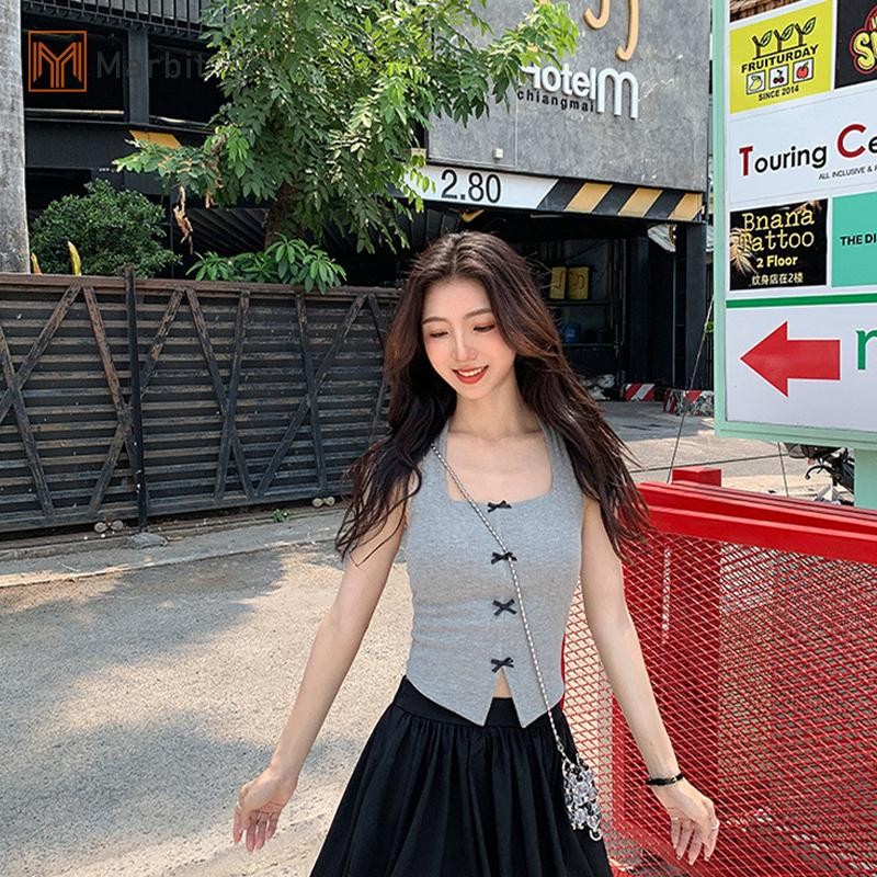 Marbit Mùa Hè Nữ Ngọt Ngào Gợi Cảm Ba Chiều Nơ Dây Không Tay Ôm Dệt Kim Camisole Mới