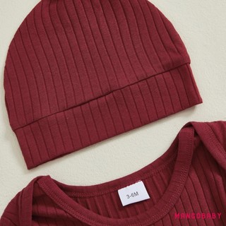 MG-Baby Boy Ribbed Romper Bộ áo liền quần dài tay thêu chữ thường ngày và bộ mũ cho trẻ sơ sinh Trang phục mùa thu cho trẻ mới biết đi