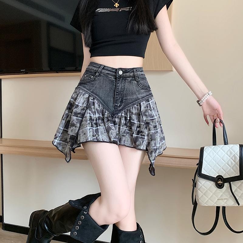 Váy Nữ Kẻ Sọc Màu Hồng Khâu Denim chữ a Eo Cao Chống chói Váy Không Đều