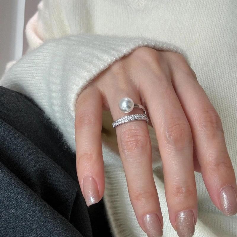 Nhẫn ngọc trai hai lớp bằng bạc Sterling Tính khí nữ Nhẫn mở ngón tay tinh tế