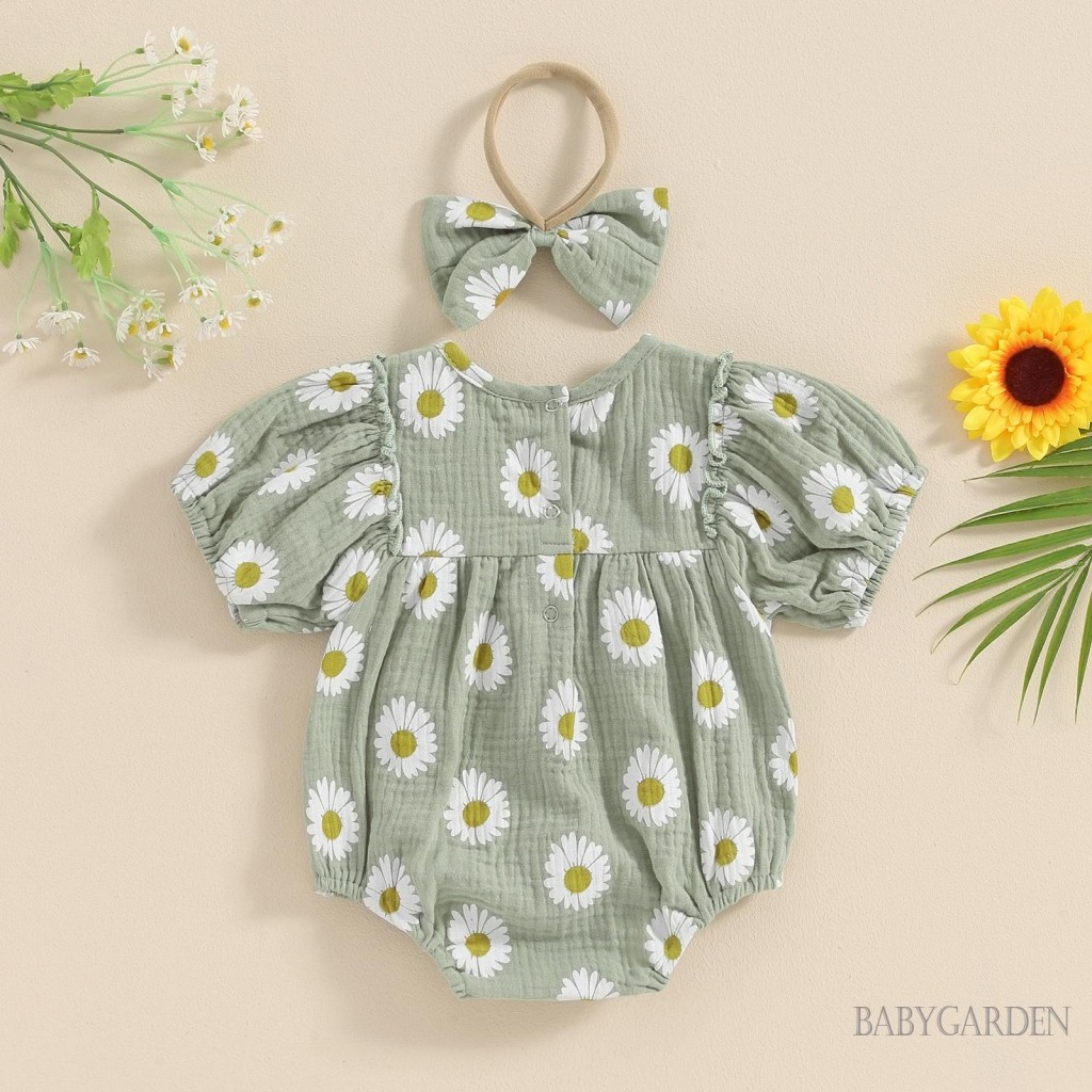 Baga-baby Bé Gái Rompers Có Băng Đô In Hoa Cúc Tay Ngắn Cổ Tròn Cho Trẻ Sơ Sinh Body Quần Áo Mùa Hè