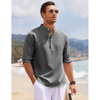 [Plus Size] Áo sơ mi nam cổ đứng có nút mở dài tay Henley Áo thun kẻ sọc dứa Áo phông Oversize