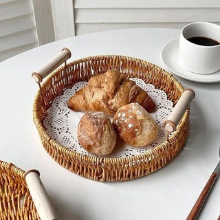 MEGOCE 1 Cái Giỏ Mây Dệt Tay, Khay Đựng Thực Phẩm Bánh Mì Ăn Sáng Hình Tròn, Đĩa Thực Phẩm Bền Có Tay Cầm Trái Cây Rau Bánh Xẻ Bánh Nhựa Mây Chỉ Giỏ