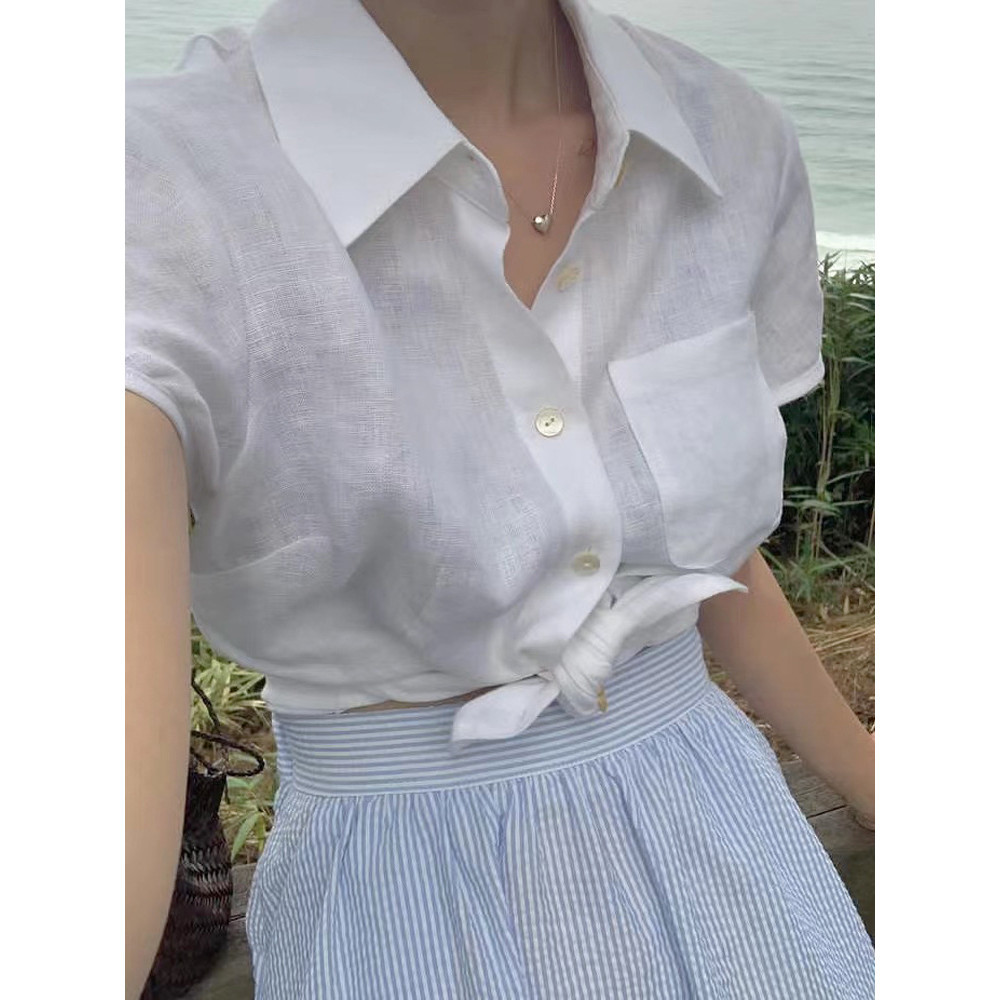 The barnnet Summer Thin Cotton and Linen Top Loose Short Sleeve Cardigan Shirt White Shirt