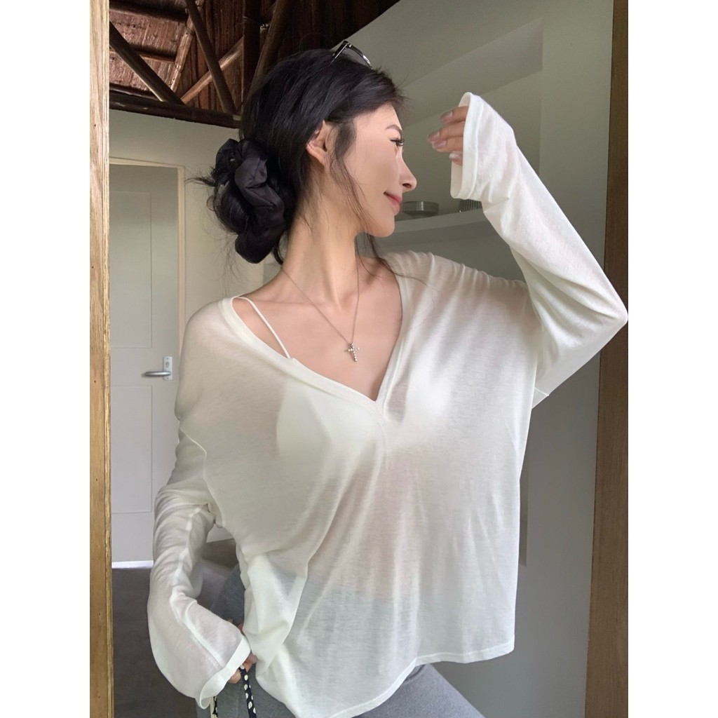 Milyfashion Loose Size Lớn Thường Ngày Trắng Mỏng Hơi Trong Suốt Cổ Chữ v Dài Tay T Mùa Hè Top