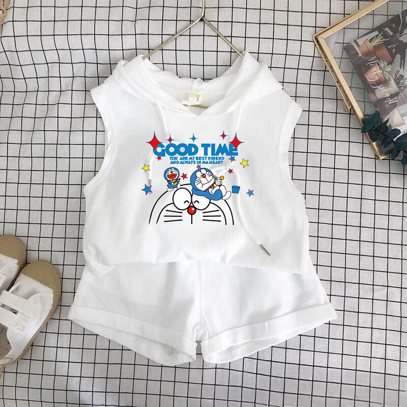 Bộ đồ trẻ em hoạt hình dễ thương in hình Doremon 2024 - Áo Vest và quần short có mũ trùm đầu dễ thương dành cho trẻ em Bộ hai mảnh