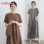 Đầm trơn nữ tay ngắn Đầm dài thời trang dáng rộng cổ tròn xoay lớn chữ A Váy thường ngày