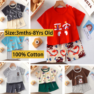 (3m-8Y) Bộ đồ ngủ trẻ em bằng vải Cotton Bộ đồ ngủ trẻ em Bộ bé trai bé gái Áo thun in hình hoạt hình Áo ngắn tay + Quần 2 Cái / bộ