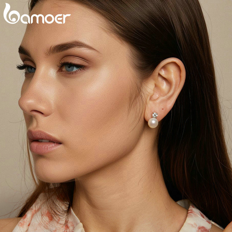 Bamoer 925 Sterling Sliver Bông Tai Moissanite Ngọc Trai Tự Nhiên Trang Sức Quà Tặng Cho Nữ