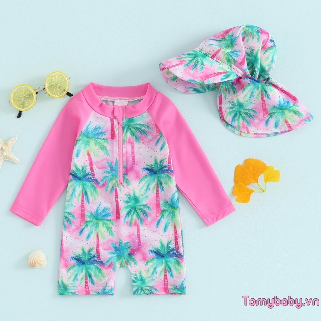 Bộ đồ bơi đi biển bé gái dài tay in hoa / cây nhiệt đới có khóa kéo lên Bộ đồ tắm + mũ 2 chiếc