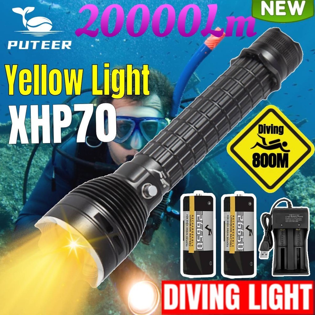 Đèn pin lặn PUTEER DY52 - Siêu sáng, chống thấm nước IPX8, ánh sáng vàng ấm cho câu cá
