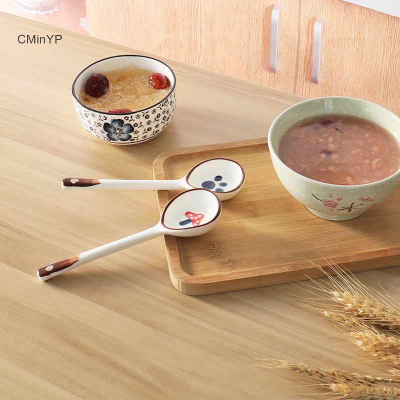 Cyp Dâu Gốm Thìa Canh Dễ Thương Vẽ Tay Kem Cà Phê Mảnh Món Tráng Miệng Tay Cầm Dài Thìa Phụ Kiện Nhà Bếp Vinh Quang