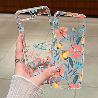 Hoa Tươi Họa Tiết Hoa Trong Suốt Silicon Mềm Vỏ Điện Thoại Cho Samsung Galaxy Z Flip 6 Flip 5 Flip 4 Flip 3 5G Flip6 Flip5 Flip4 Flip3 Khóa Kim Loại Trong Suốt Gấp Bao