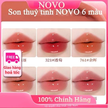 Son bóng NOVO 6 màu, son thuỷ tinh, son thạch nước, môi căng mọng, siêu dưỡng ẩm, chống dính cốc
