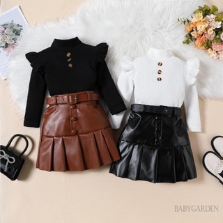 Baga-1-6yeaf kids Girl Trang phục 2 món / Áo dài tay xù xì * / Váy xếp li bằng da / Bộ quần áo dễ thương mùa thu cho bé