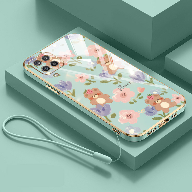 Ốp Điện Thoại YBD Cho Samsung Galaxy A12 Nacho M12 A12S F12 A22 4G 5G M22 M32 F22 4G Họa Tiết Gấu Hoa Nhỏ Dễ Thương Đi Kèm Dây Treo Silicon Cùng Màu