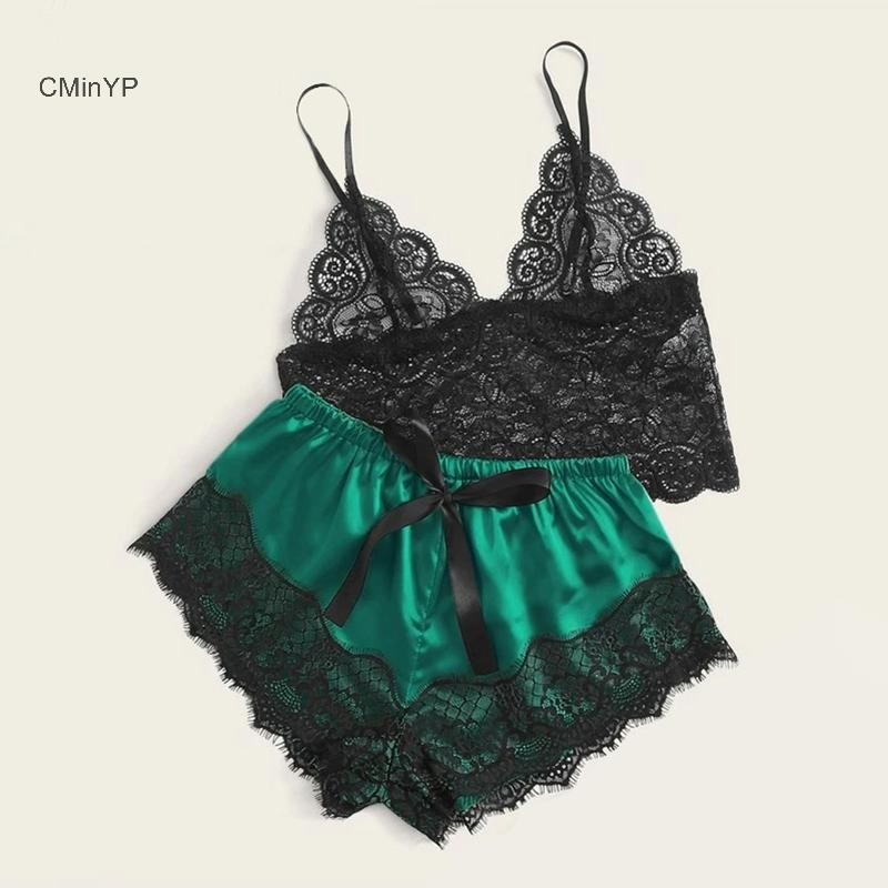 Cminyp 1 Bộ Đồ Ngủ Nữ Ren Babydoll Crop Top Quần Short Váy Ngủ