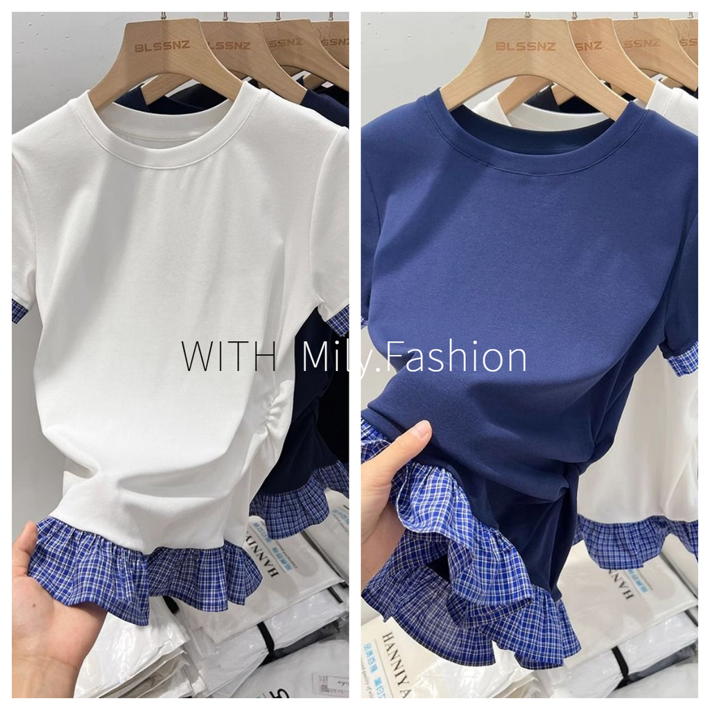 Milyfashion Áo Thun Nữ Tay Ngắn Màu Trắng Mùa Hè Phong Cách Mới Thiết Kế Độc Đáo Niche Kẻ Sọc Khâu Top Nữ Nửa Tay Hợp Thời Trang 2025